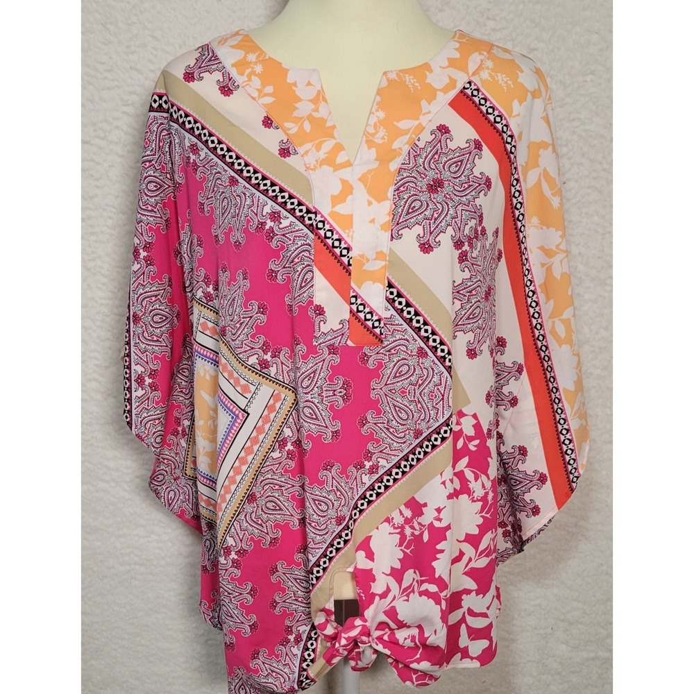 Chicos Floral Womens Blouse Sz 2 (US 12-14) Geometric Tie Waist V-Neck Silk 1395
